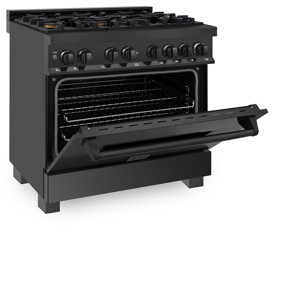 ZLINE 36 in. 4.6 cu. ft. Legacy Dual Fuel Range with Gas Cooktop and Electric Convection Oven in Black Stainless Steel with 6 Brass Burners, Open Box-Good Condition