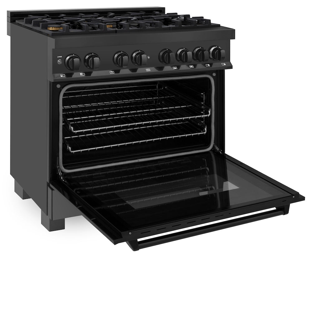 ZLINE 36 in. 4.6 cu. ft. Dual Fuel Range with Gas Stove and Electric Oven in Black Stainless Steel with Brass Burners (RAB-BR-36) side, oven open.
