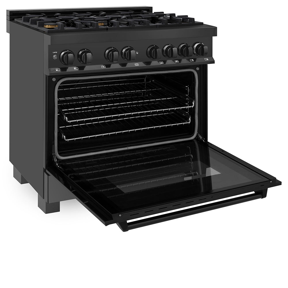 ZLINE 36 in. 4.6 cu. ft. Legacy Dual Fuel Range with Gas Cooktop and Electric Convection Oven in Black Stainless Steel with 6 Brass Burners, Open Box-Good Condition