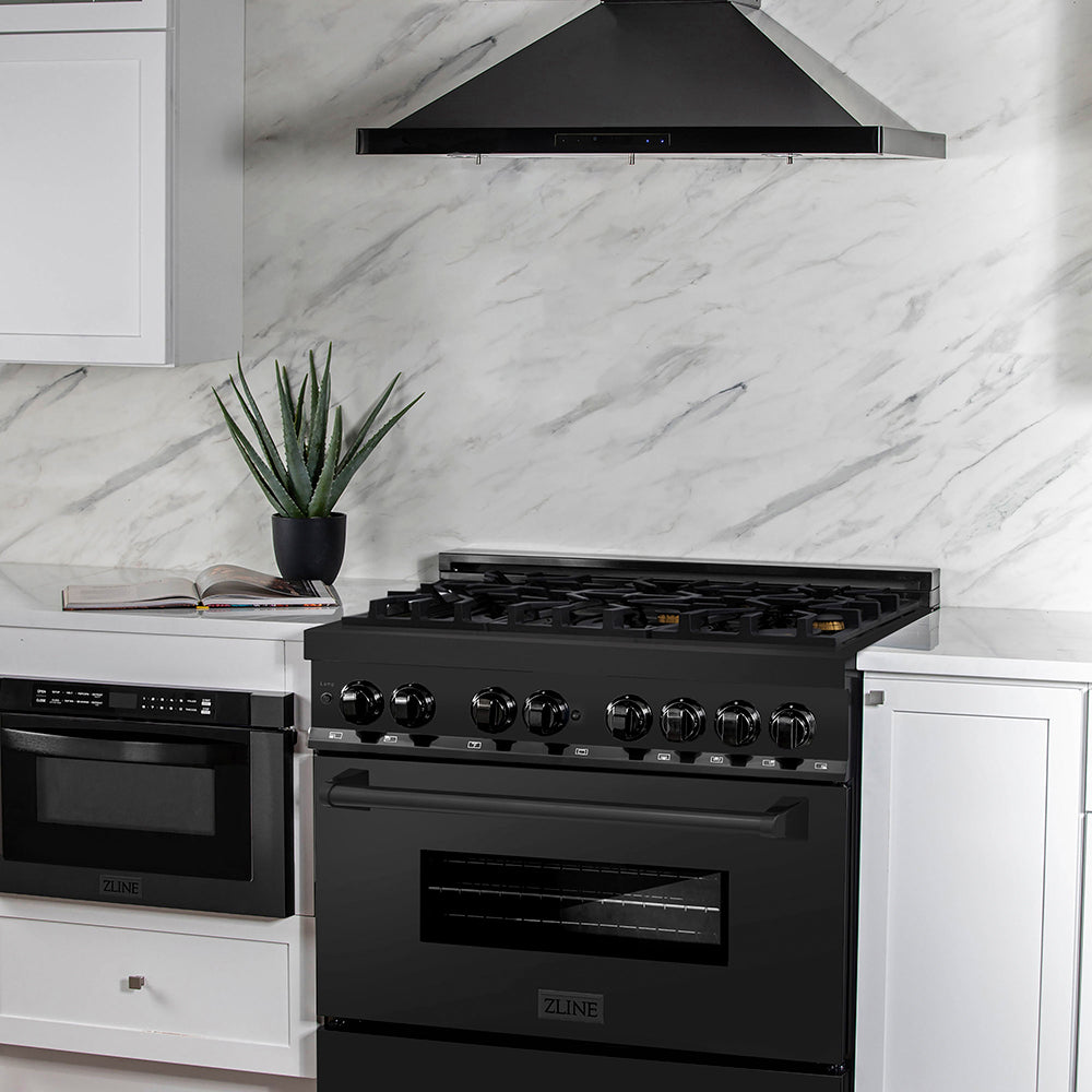 ZLINE 36 in. 4.6 cu. ft. Legacy Dual Fuel Range with Gas Cooktop and Electric Convection Oven in Black Stainless Steel with 6 Brass Burners, Open Box-Good Condition