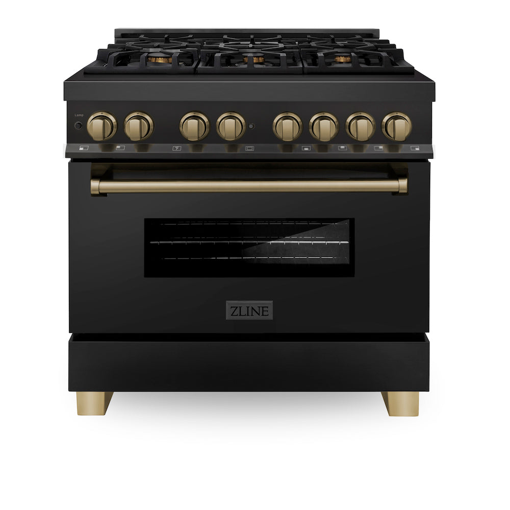 ZLINE Autograph Edition 36 in. 4.6 cu. ft. Dual Fuel Range with Gas Stove and Electric Oven in Black Stainless Steel with Champagne Bronze Accents (RABZ-36-CB) front, oven closed.