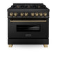 ZLINE Autograph Edition 36 in. 4.6 cu. ft. Legacy Dual Fuel Range with 6 Burner Gas Cooktop and Electric Convection Oven in Black Stainless Steel and Champagne Bronze Accents (RABZ-36-CB) front, oven closed.
