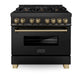 ZLINE Autograph Edition 36 in. 4.6 cu. ft. Legacy Dual Fuel Range with 6 Burner Gas Cooktop and Electric Convection Oven in Black Stainless Steel and Champagne Bronze Accents, Open Box-Good Condition