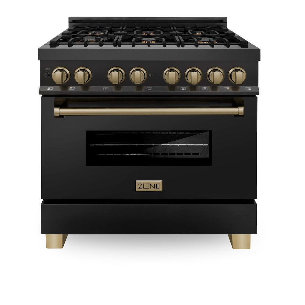 ZLINE 36 in. Autograph Edition Kitchen Package with Black Stainless Steel Dual Fuel Range, Range Hood, Dishwasher and Refrigeration with Champagne Bronze Accents (4AKPR-RABRHDWV36-CB)