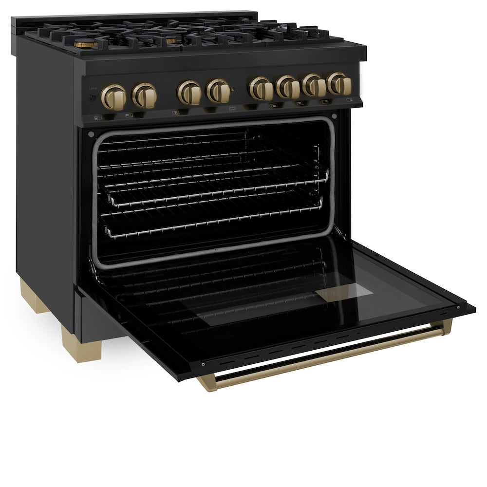 ZLINE Autograph Edition 36 in. 4.6 cu. ft. Dual Fuel Range with Gas Stove and Electric Oven in Black Stainless Steel with Champagne Bronze Accents (RABZ-36-CB) side, oven open.