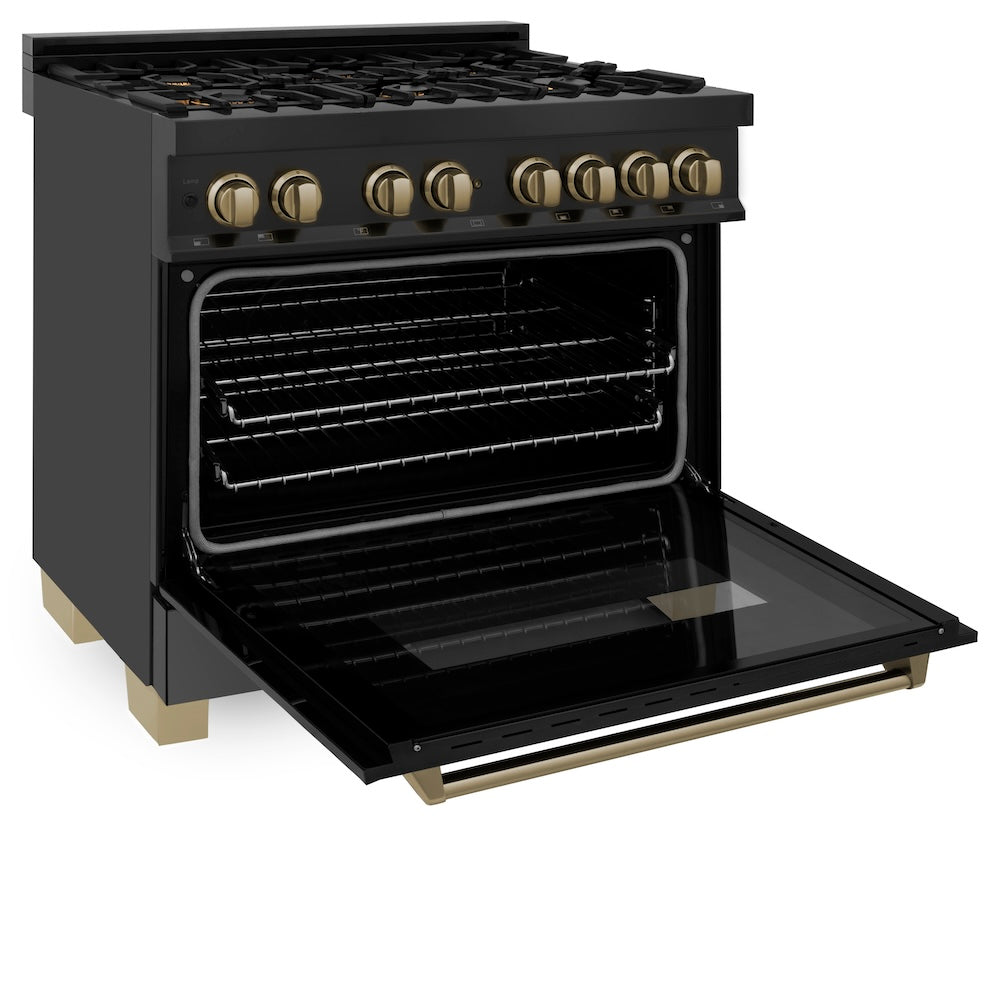 ZLINE Autograph Edition 36 in. Kitchen Package with Black Stainless Steel Dual Fuel Range and Range Hood with Champagne Bronze Accents (2AKP-RABRH36-CB)