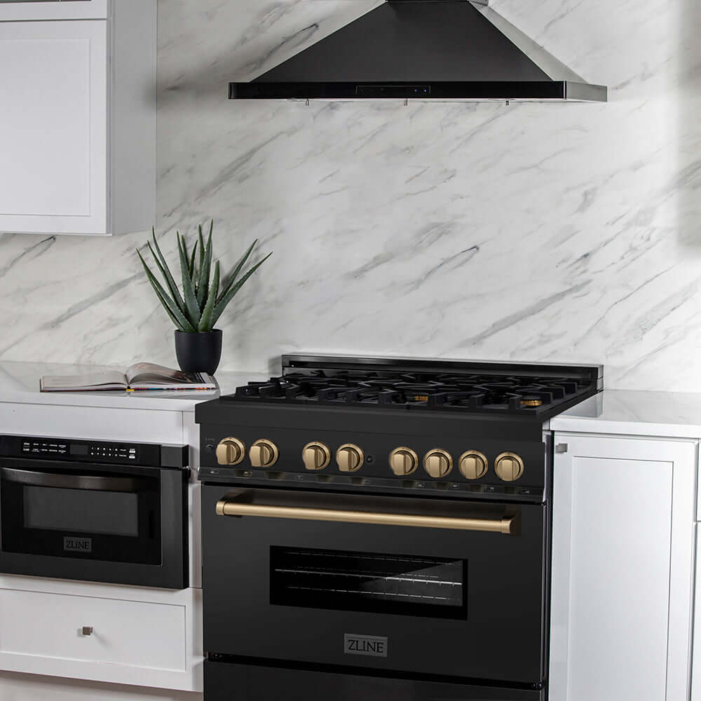 ZLINE Autograph Edition 36 in. 4.6 cu. ft. Legacy Dual Fuel Range with 6 Burner Gas Cooktop and Electric Convection Oven in Black Stainless Steel and Champagne Bronze Accents, Open Box-Good Condition