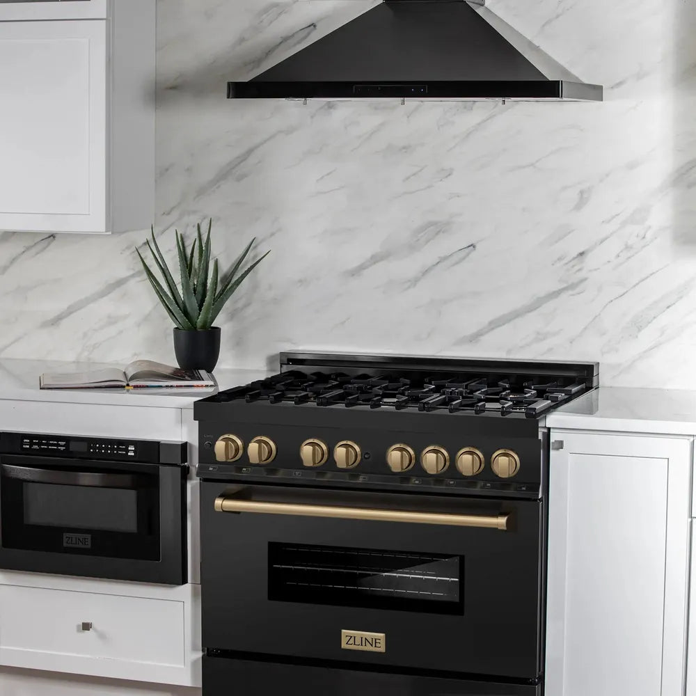 ZLINE Autograph Edition 36 in. 4.6 cu. ft. Legacy Dual Fuel Range with 6 Burner Gas Cooktop and Electric Convection Oven in Black Stainless Steel and Champagne Bronze Accents, Open Box-Great Condition