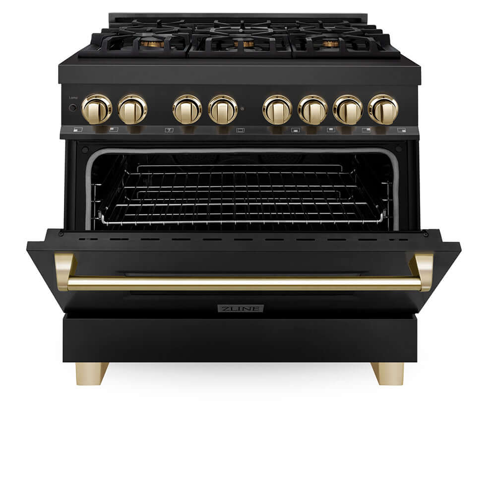 ZLINE Autograph Edition 36 in. 4.6 cu. ft. Legacy Dual Fuel Range with 6 Burner Gas Cooktop and Electric Convection Oven in Black Stainless Steel and Polished Gold Accents, Open Box-Good Condition
