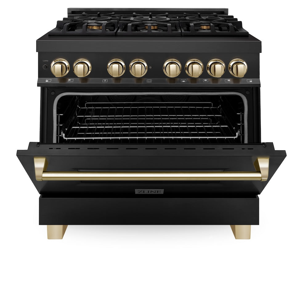 ZLINE Autograph Edition 36 in. Kitchen Package with Black Stainless Steel Dual Fuel Range, Range Hood and Dishwasher with Polished Gold Accents (3AKP-RABRHDWV36-G)