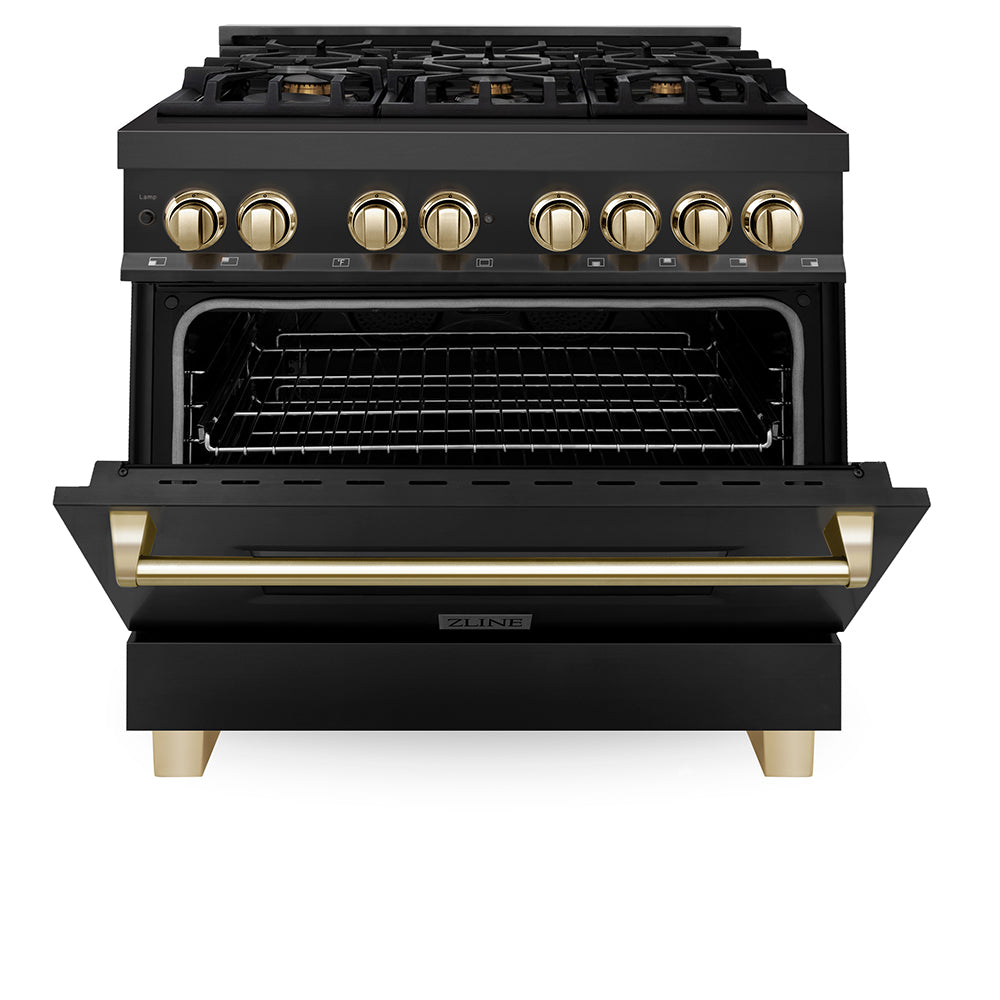 ZLINE Autograph Edition 36 in. 4.6 cu. ft. Legacy Dual Fuel Range with 6 Burner Gas Cooktop and Electric Convection Oven in Black Stainless Steel and Polished Gold Accents (RABZ-36-G)