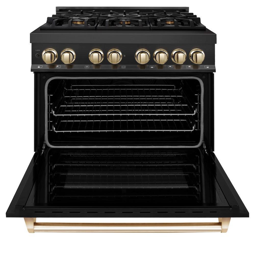 ZLINE Autograph Edition 36 in. 4.6 cu. ft. Legacy Dual Fuel Range with 6 Burner Gas Cooktop and Electric Convection Oven in Black Stainless Steel and Polished Gold Accents (RABZ-36-G)