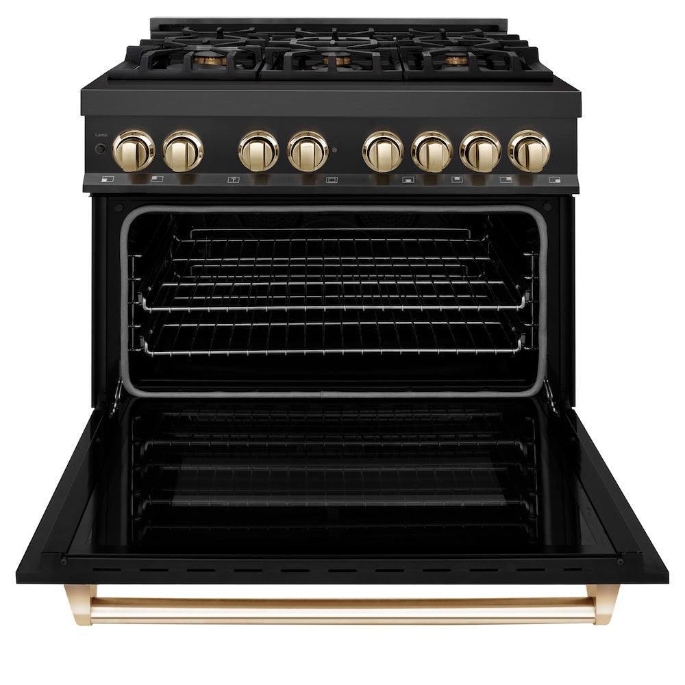 ZLINE Autograph Edition 36 in. 4.6 cu. ft. Legacy Dual Fuel Range with 6 Burner Gas Cooktop and Electric Convection Oven in Black Stainless Steel and Polished Gold Accents (RABZ-36-G)