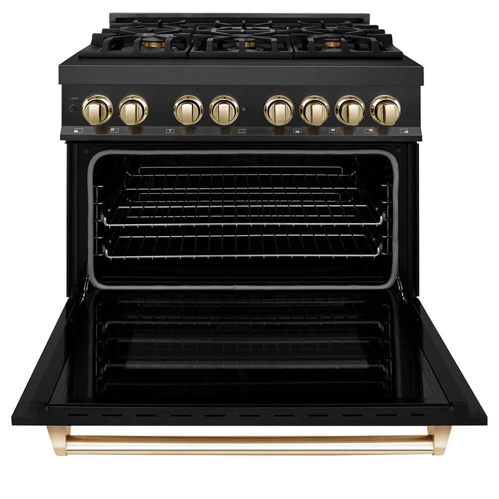 ZLINE Autograph Edition 36 in. 4.6 cu. ft. Legacy Dual Fuel Range with 6 Burner Gas Cooktop and Electric Convection Oven in Black Stainless Steel and Polished Gold Accents, Open Box-Good Condition