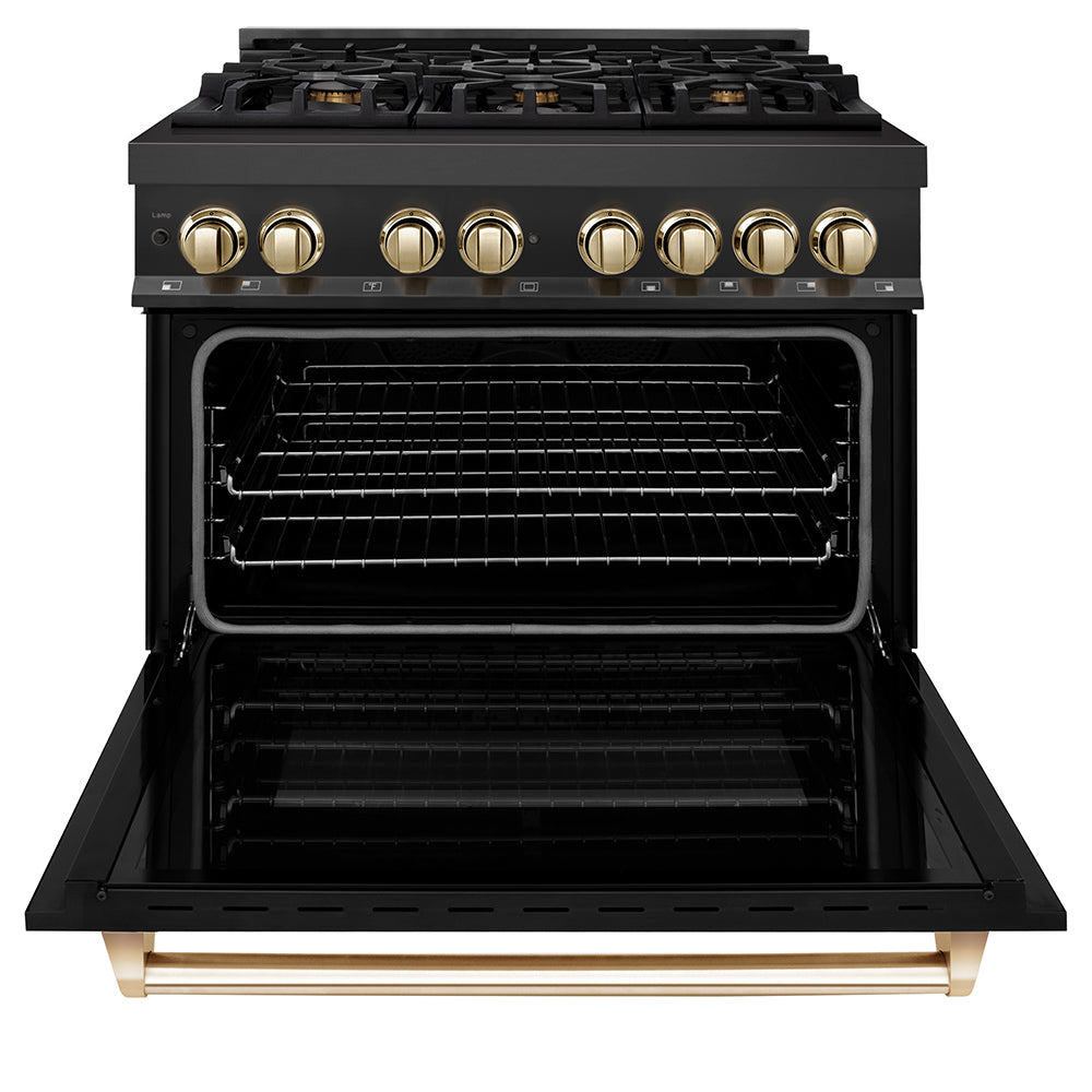 ZLINE Autograph Edition 36 in. 4.6 cu. ft. Legacy Dual Fuel Range with 6 Burner Gas Cooktop and Electric Convection Oven in Black Stainless Steel and Polished Gold Accents (RABZ-36-G)