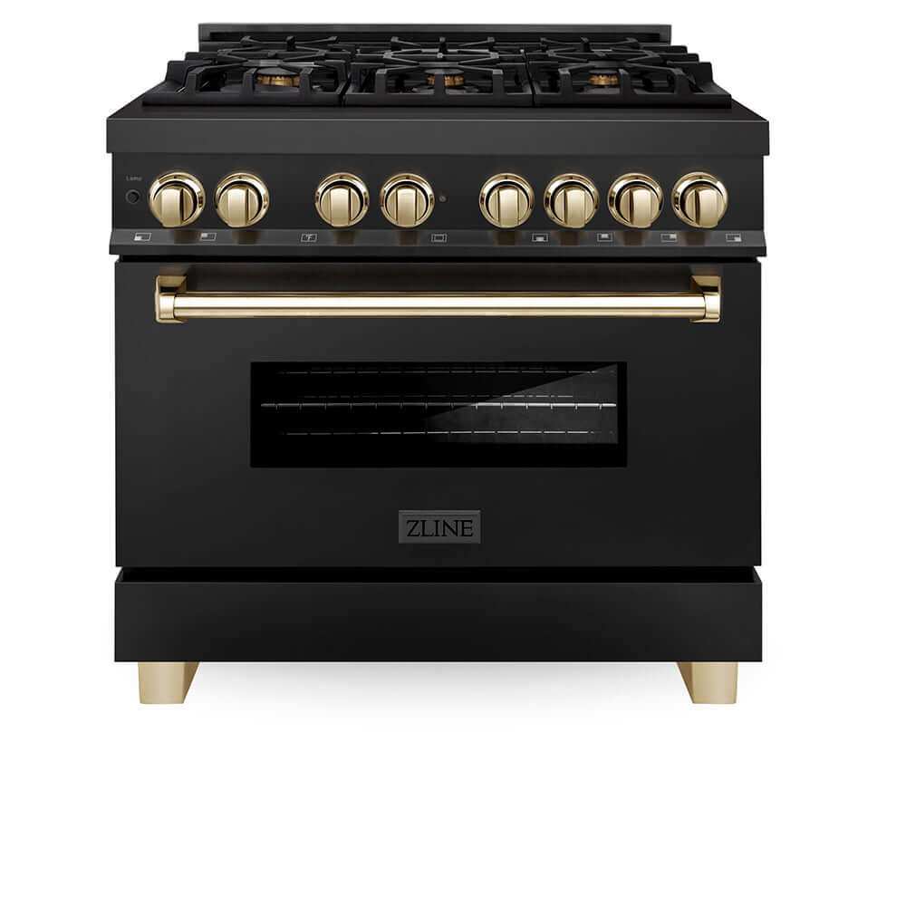 ZLINE Autograph Edition 36 in. 4.6 cu. ft. Legacy Dual Fuel Range with 6 Burner Gas Cooktop and Electric Convection Oven in Black Stainless Steel and Polished Gold Accents, Open Box-Good Condition