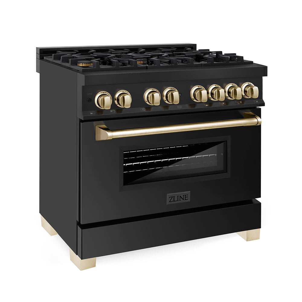 ZLINE Autograph Edition 36 in. 4.6 cu. ft. Legacy Dual Fuel Range with 6 Burner Gas Cooktop and Electric Convection Oven in Black Stainless Steel and Polished Gold Accents (RABZ-36-G) main image.