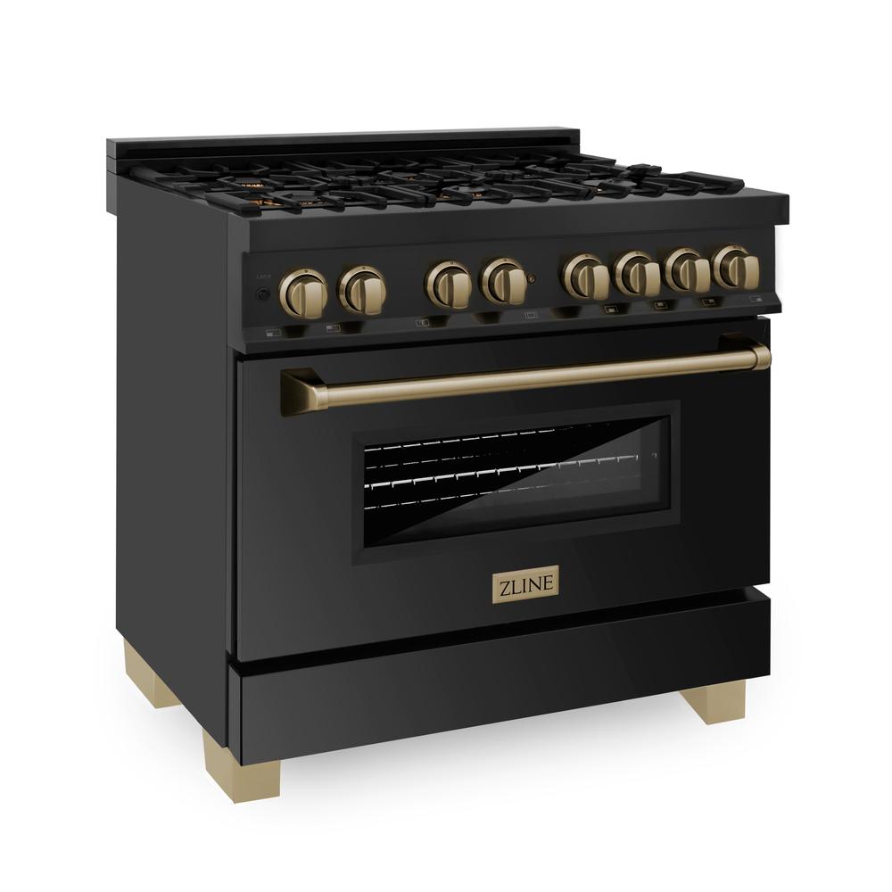 ZLINE Autograph Edition 36 in. 4.6 cu. ft. Legacy Dual Fuel Range with 6 Burner Gas Cooktop and Electric Convection Oven in Black Stainless Steel and Champagne Bronze Accents, Open Box-Great Condition main image.