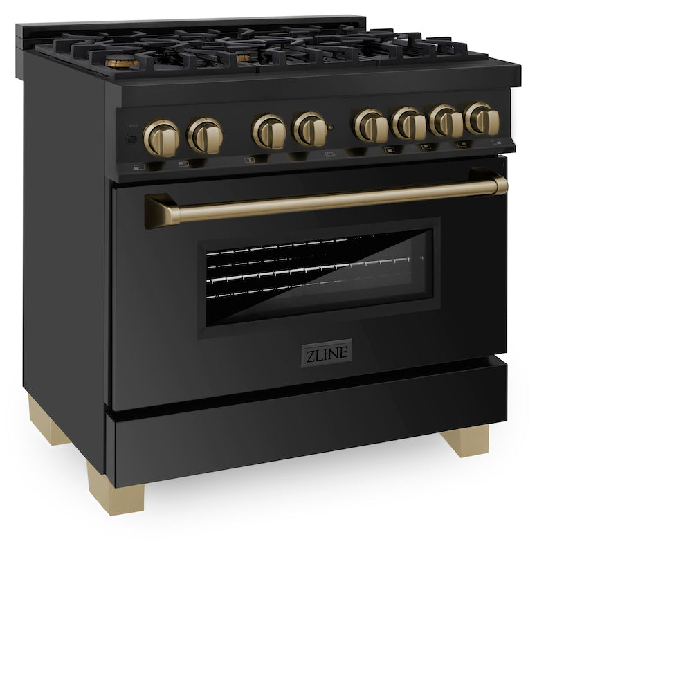 ZLINE Autograph Edition 36 in. 4.6 cu. ft. Dual Fuel Range with Gas Stove and Electric Oven in Black Stainless Steel with Champagne Bronze Accents (RABZ-36-CB) side, oven closed.