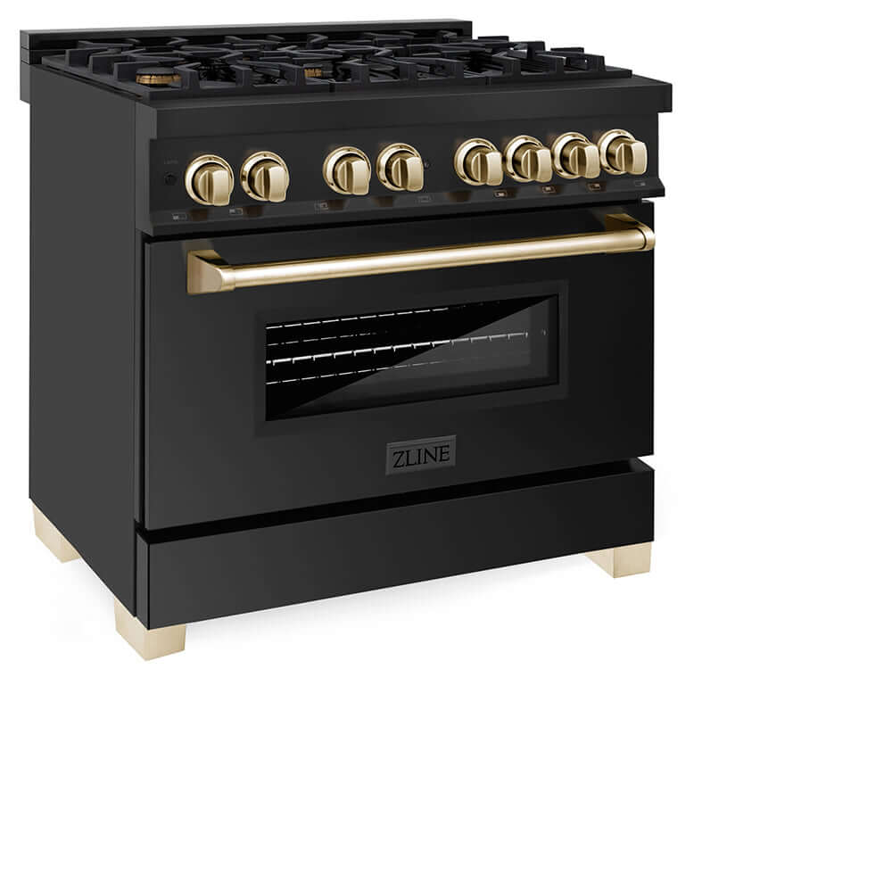 ZLINE Autograph Edition 36 in. 4.6 cu. ft. Legacy Dual Fuel Range with 6 Burner Gas Cooktop and Electric Convection Oven in Black Stainless Steel and Polished Gold Accents, Open Box-Good Condition