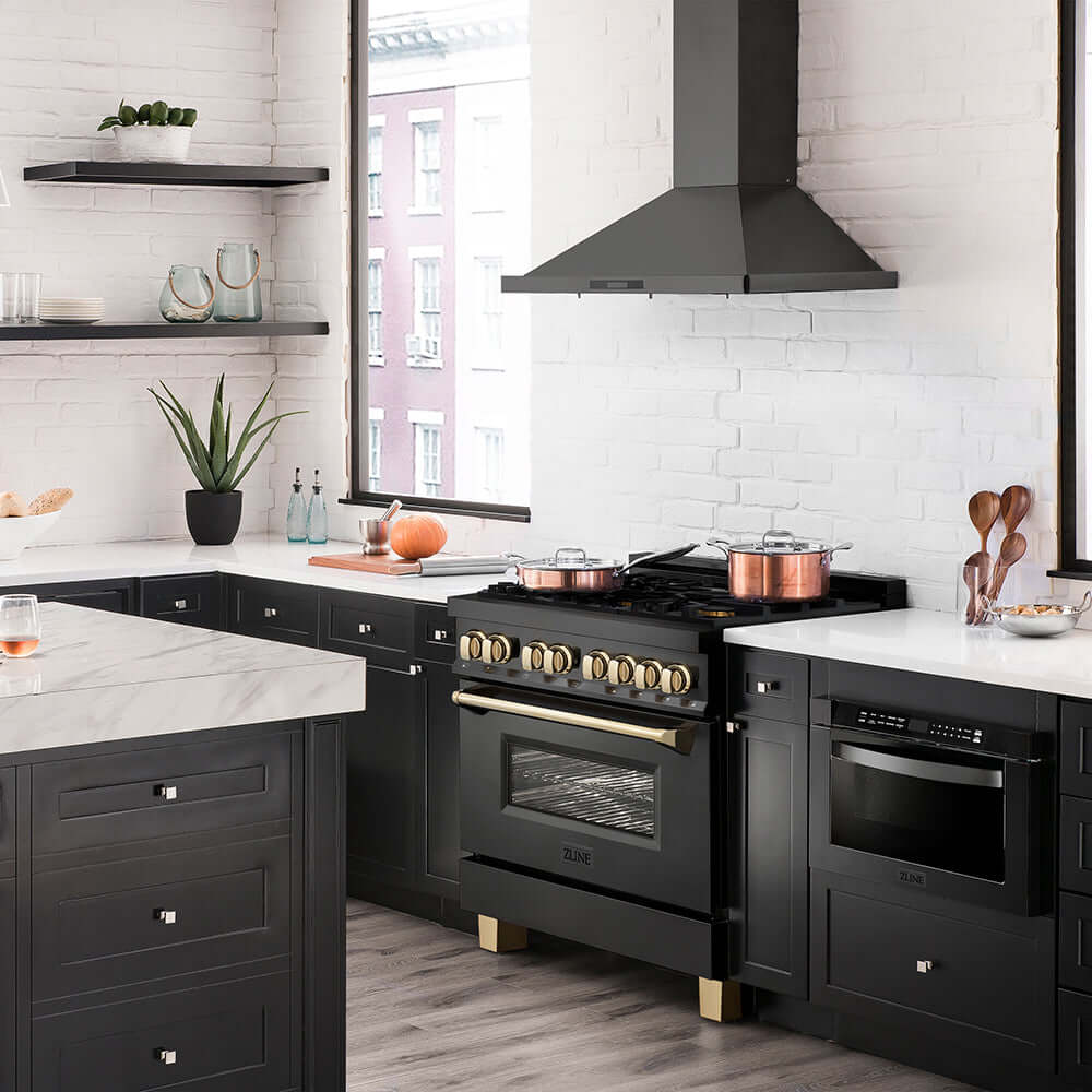 ZLINE Autograph Edition 36 in. 4.6 cu. ft. Legacy Dual Fuel Range with 6 Burner Gas Cooktop and Electric Convection Oven in Black Stainless Steel and Polished Gold Accents, Open Box-Good Condition