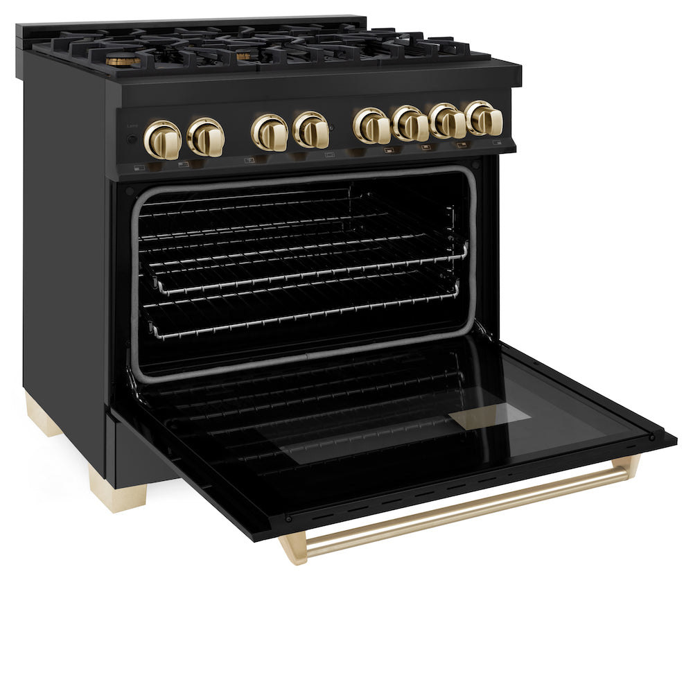 ZLINE Autograph Edition 36" Black Stainless Steel Dual Fuel Range with Polished Gold accents (RABZ-36-G) side, oven door open.