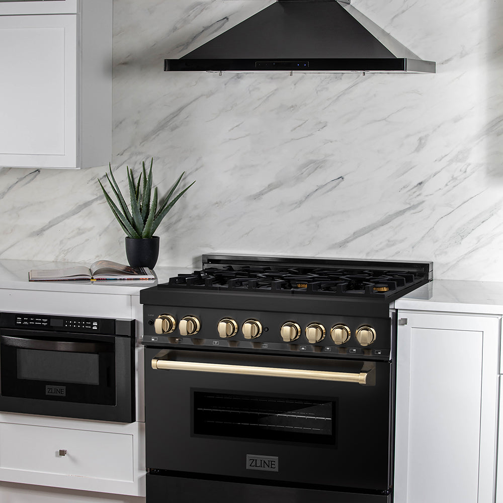 ZLINE Autograph Edition 36 in. 4.6 cu. ft. Legacy Dual Fuel Range with 6 Burner Gas Cooktop and Electric Convection Oven in Black Stainless Steel and Polished Gold Accents (RABZ-36-G)