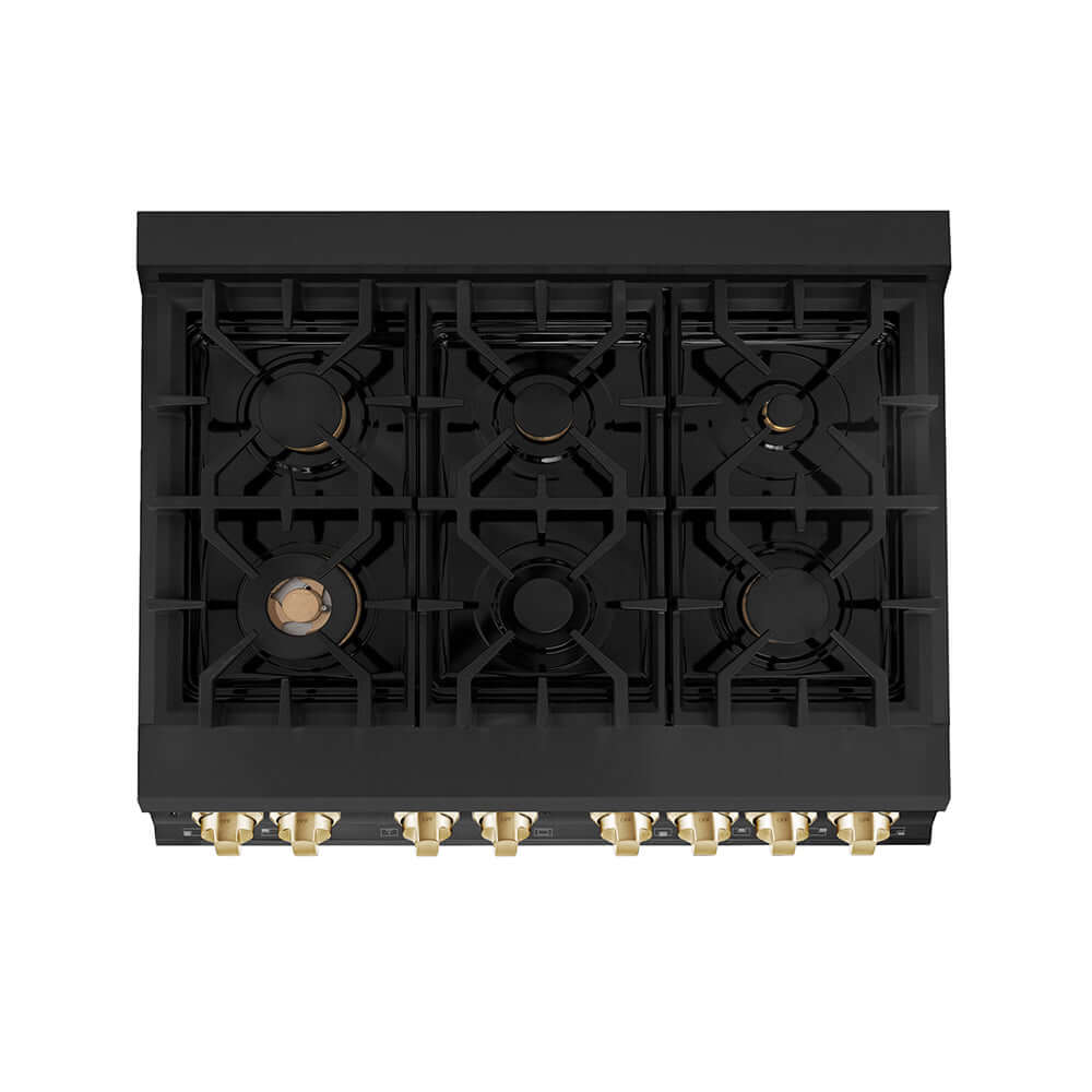 ZLINE Autograph Edition 36 in. 4.6 cu. ft. Legacy Dual Fuel Range with 6 Burner Gas Cooktop and Electric Convection Oven in Black Stainless Steel and Polished Gold Accents, Open Box-Good Condition