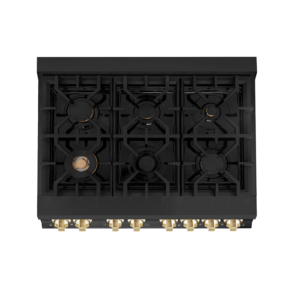 ZLINE Autograph Edition 36 in. 4.6 cu. ft. Legacy Dual Fuel Range with 6 Burner Gas Cooktop and Electric Convection Oven in Black Stainless Steel and Polished Gold Accents (RABZ-36-G)
