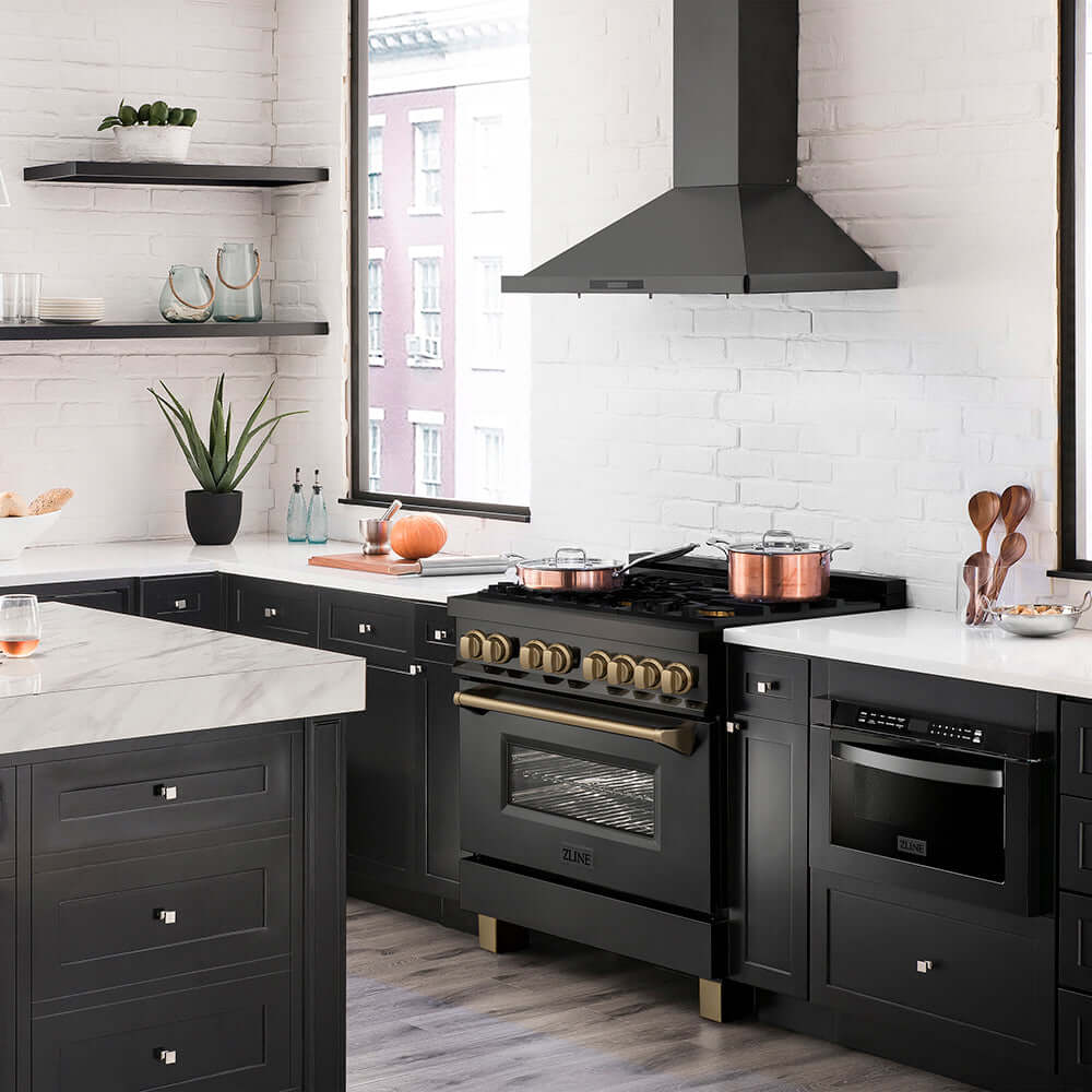 ZLINE Autograph Edition 36 in. 4.6 cu. ft. Legacy Dual Fuel Range with 6 Burner Gas Cooktop and Electric Convection Oven in Black Stainless Steel and Champagne Bronze Accents, Open Box-Good Condition