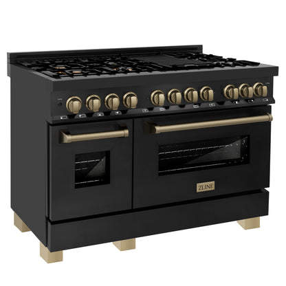 ZLINE Autograph Edition 48 in. 6.0 cu. ft. Legacy Dual Fuel Range with 7 Burner Gas Cooktop and 2 Electric Ovens in Black Stainless Steel and Champagne Bronze Accents, Open Box-Great Condition