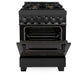 ZLINE 24 in. 2.8 cu. ft. Range with Gas Stove and Gas Oven in Black Stainless Steel with Brass Burners (RGB-24) front, oven half open.