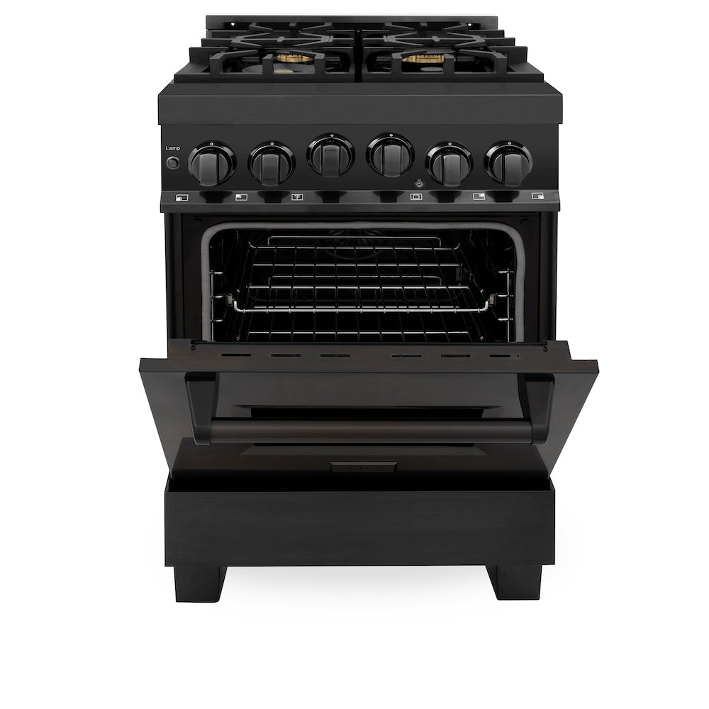 ZLINE 24 in. 2.8 cu. ft. Range with Gas Stove and Gas Oven in Black Stainless Steel with Brass Burners (RGB-24) front, oven half open.