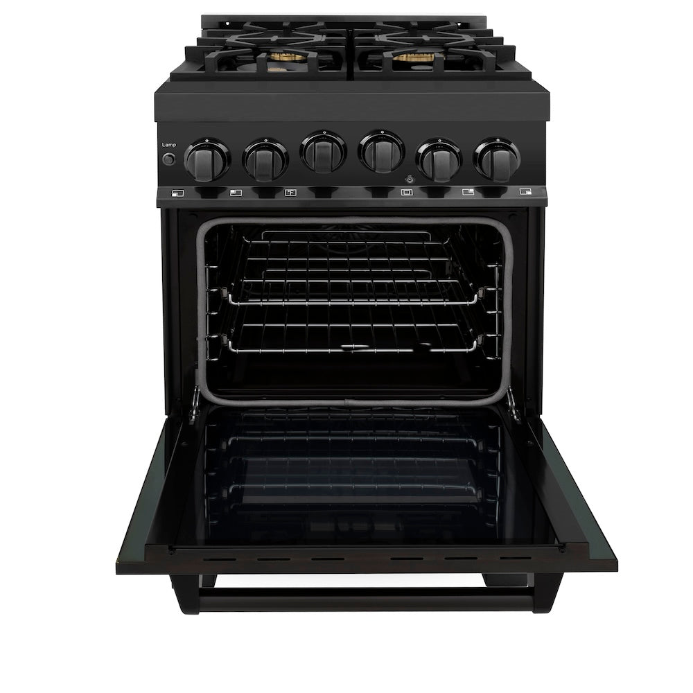ZLINE 24 in. 2.8 cu. ft. Range with Gas Stove and Gas Oven in Black Stainless Steel with Brass Burners (RGB-24) front, oven open.
