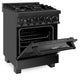 ZLINE 24 in. 2.8 cu. ft. Range with Gas Stove and Gas Oven in Black Stainless Steel with Brass Burners (RGB-24) side, oven half open.