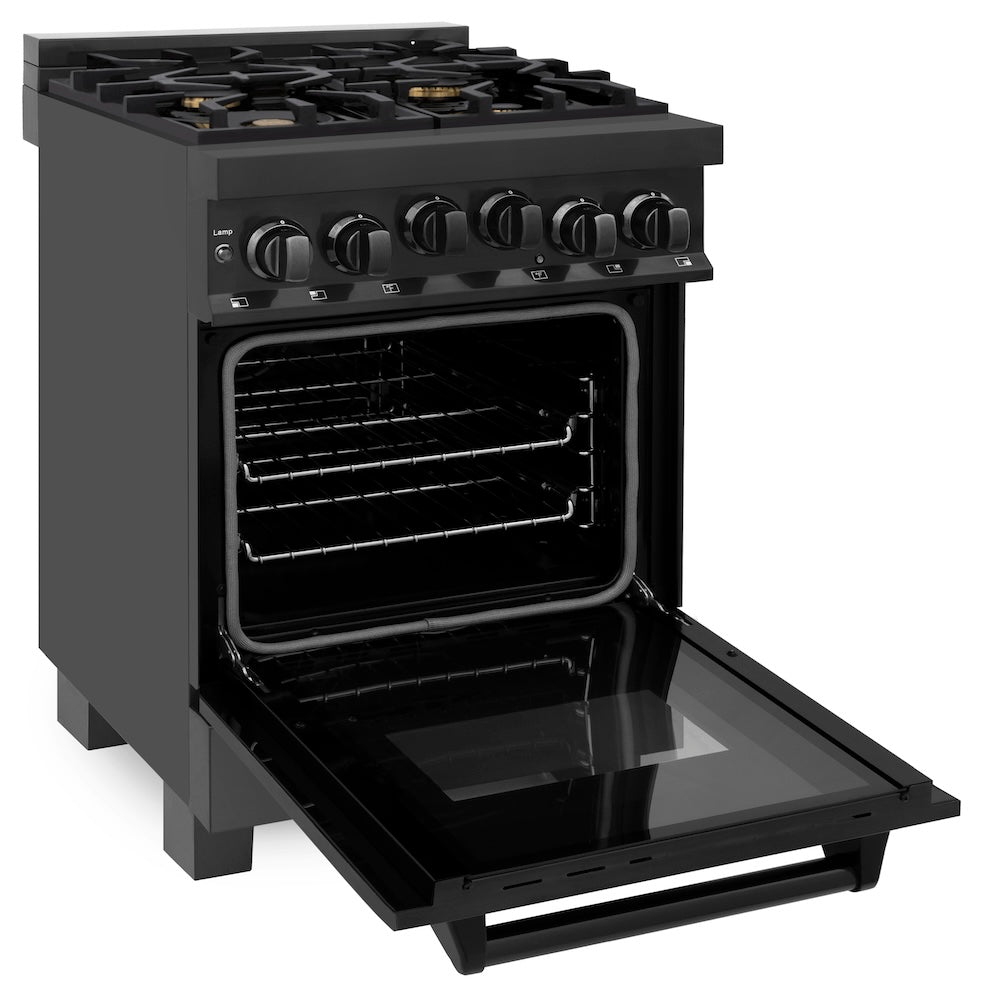 ZLINE 24 in. 2.8 cu. ft. Range with Gas Stove and Gas Oven in Black Stainless Steel with Brass Burners (RGB-24) side, oven open.