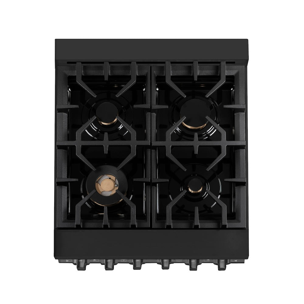 ZLINE 24 in. 2.8 cu. ft. Range with Gas Stove and Gas Oven in Black Stainless Steel with Brass Burners (RGB-24) top-down, above cooktop.