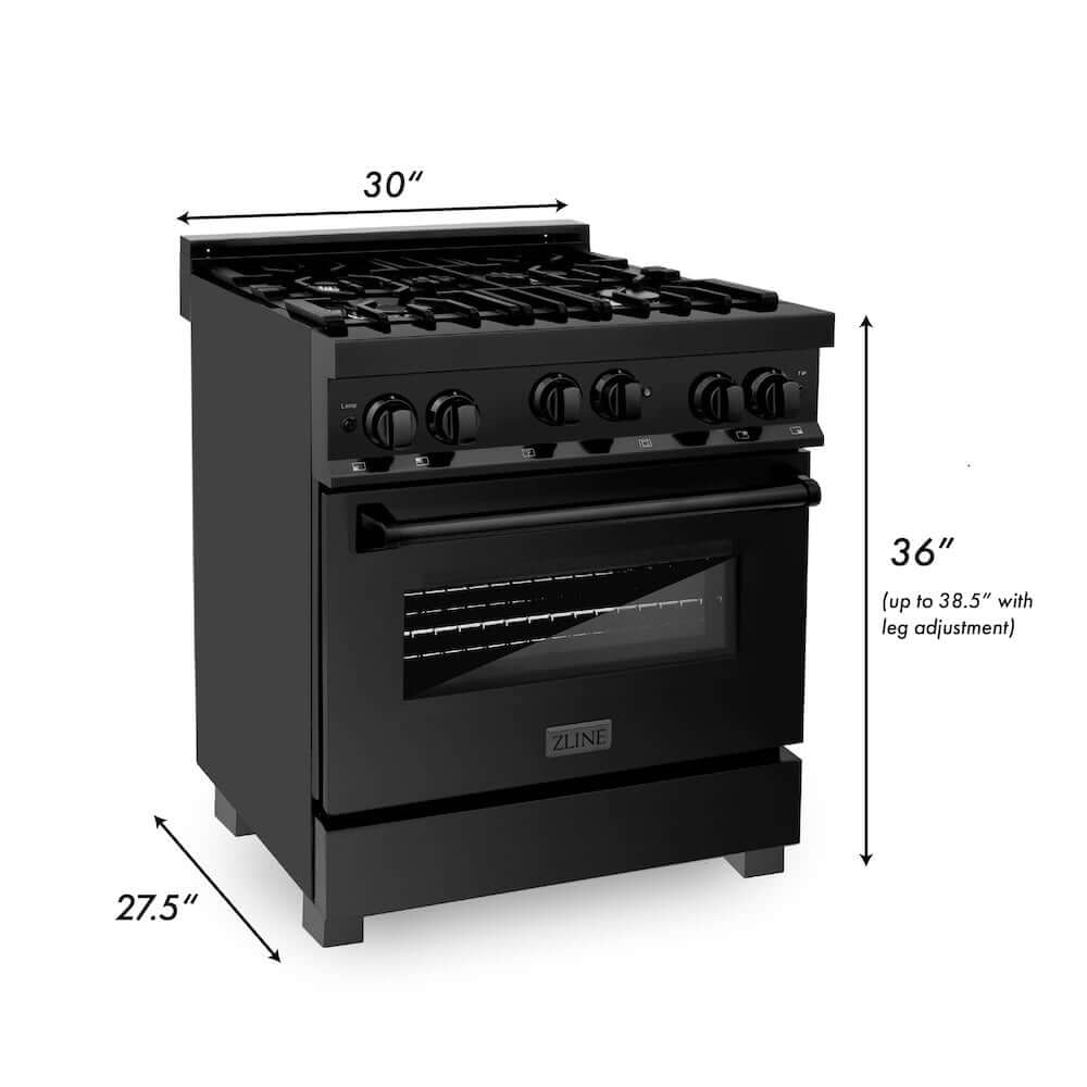 ZLINE 30 in. 4.0 cu. ft. Range with Natural Gas Stove and Natural Gas Oven in Black Stainless Steel (RGB-30) dimensional diagram.