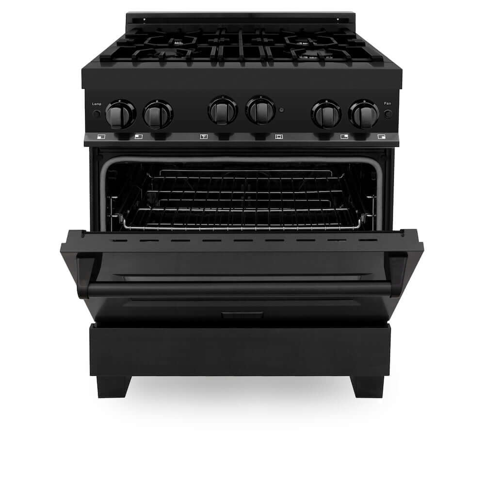 ZLINE 30 in. 4.0 cu. ft. Range with Natural Gas Stove and Natural Gas Oven in Black Stainless Steel (RGB-30) front, oven half open.