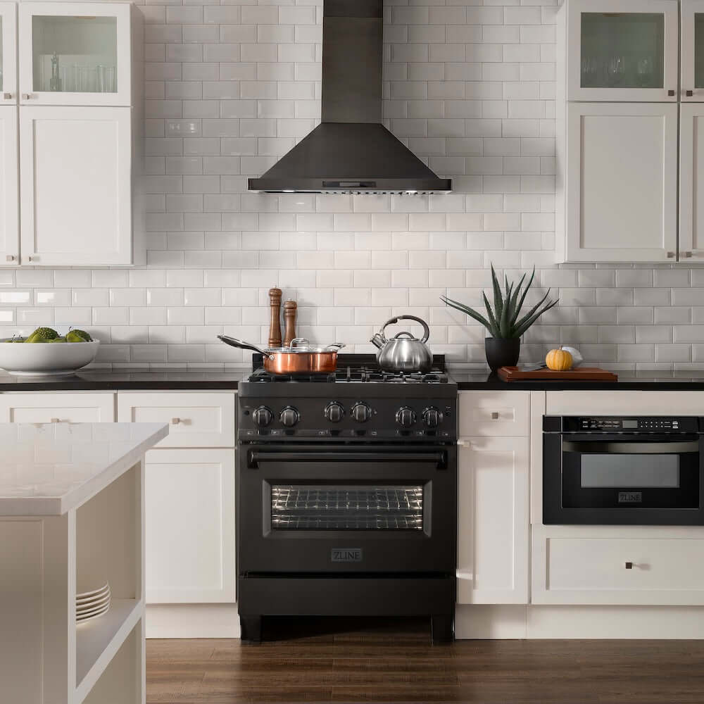 ZLINE 30 in. 4.0 cu. ft. Range with Natural Gas Stove and Natural Gas Oven in Black Stainless Steel (RGB-30) in a luxury kitchen.