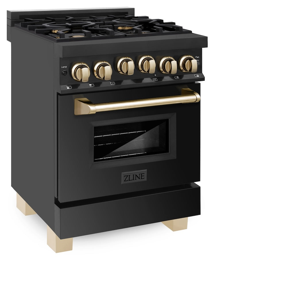 ZLINE Autograph Edition 24 in. 2.8 cu. ft. Range with Gas Stove and Gas Oven in Black Stainless Steel with Polished Gold Accents (RGBZ-24-G)