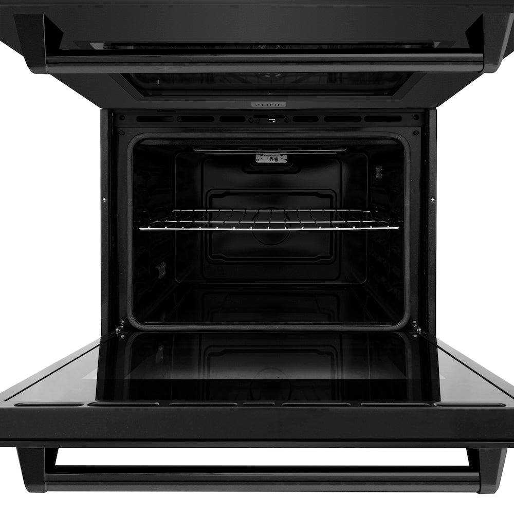 ZLINE 30 in. Professional True Convection Double Wall Oven with Air Fry and Self Clean in Black Stainless Steel (WADB-30) front, open.