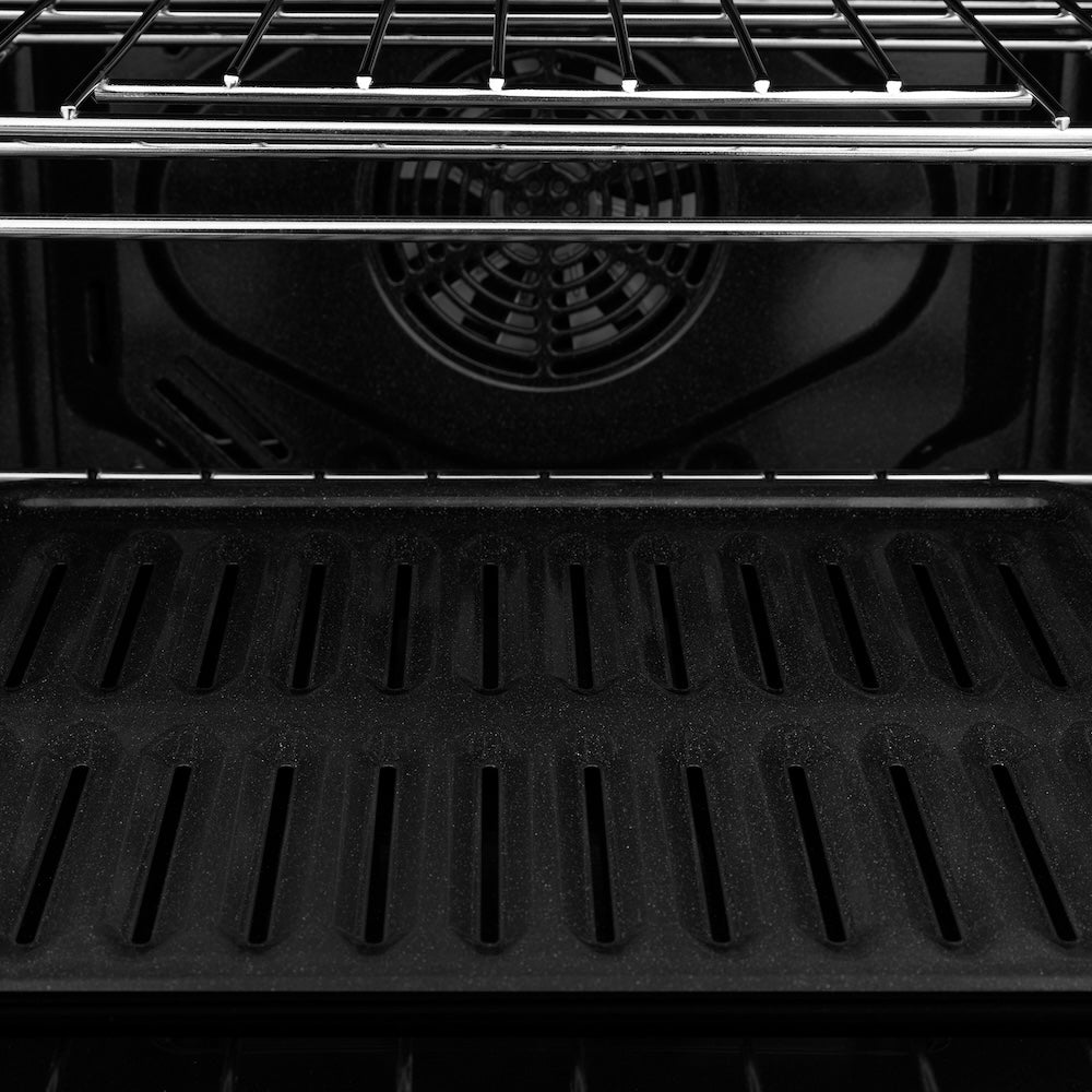 ZLINE 30 in. Professional True Convection Double Wall Oven with Air Fry and Self Clean in Black Stainless Steel (WADB-30) close-up, racks inside oven.