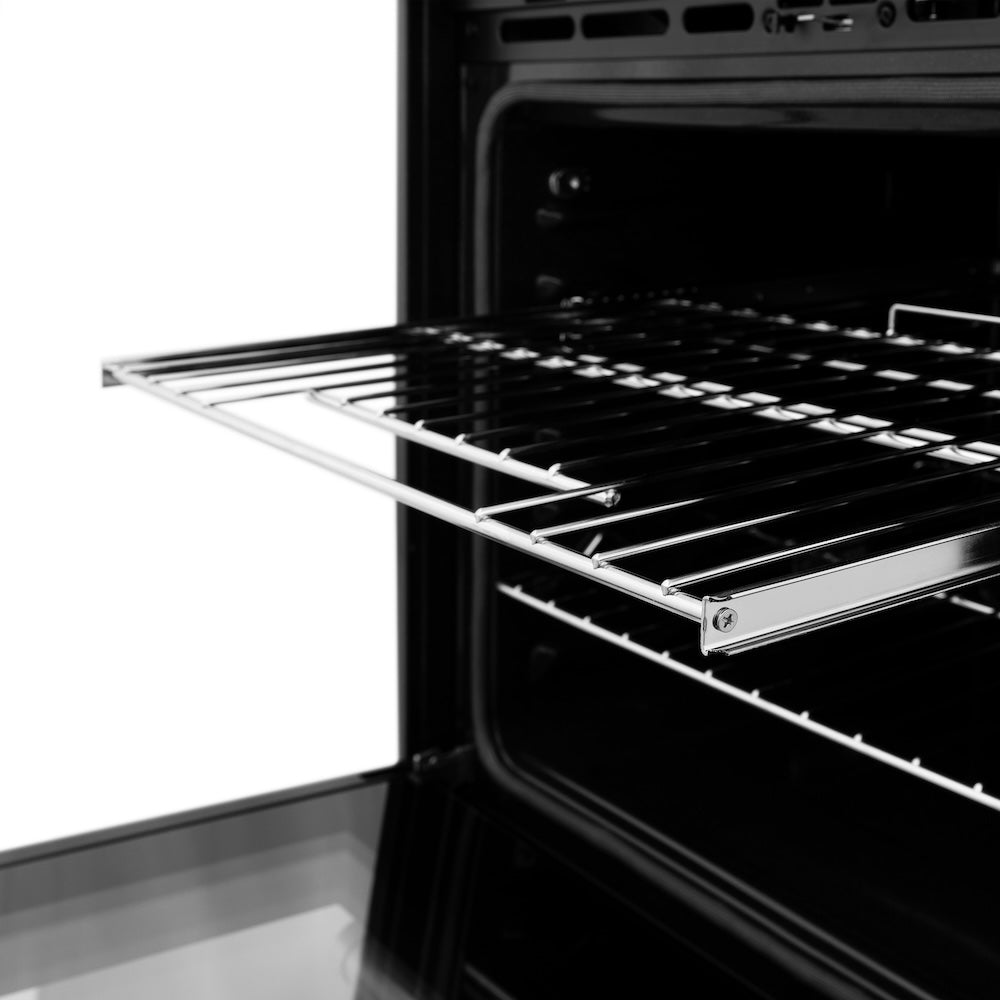 ZLINE 30 in. Professional True Convection Double Wall Oven with Air Fry and Self Clean in Black Stainless Steel (WADB-30) close-up, telescoping oven rack from side.