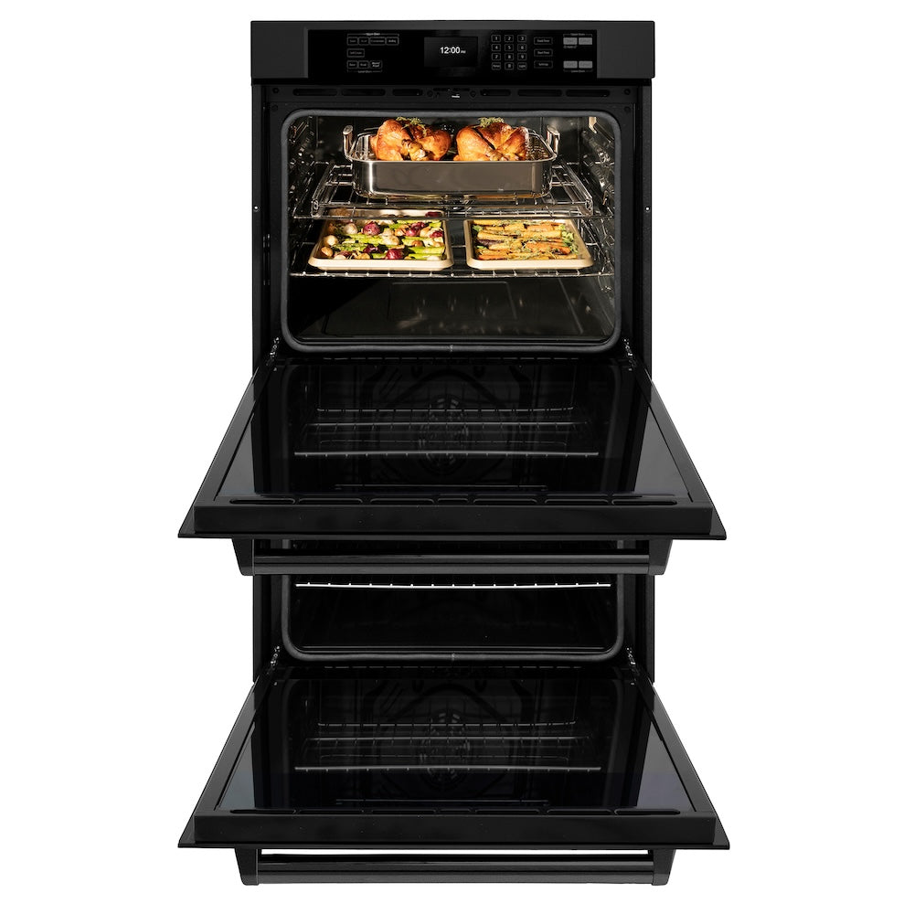 ZLINE 30 in. Professional True Convection Double Wall Oven with Air Fry and Self Clean in Black Stainless Steel (WADB-30) front, open.