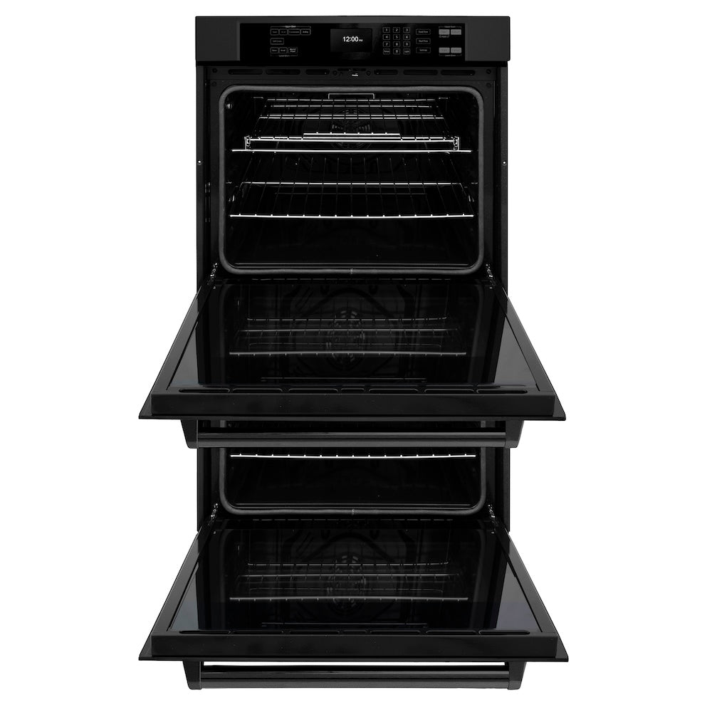 ZLINE 30 in. Professional True Convection Double Wall Oven with Air Fry and Self Clean in Black Stainless Steel (WADB-30) front, open.