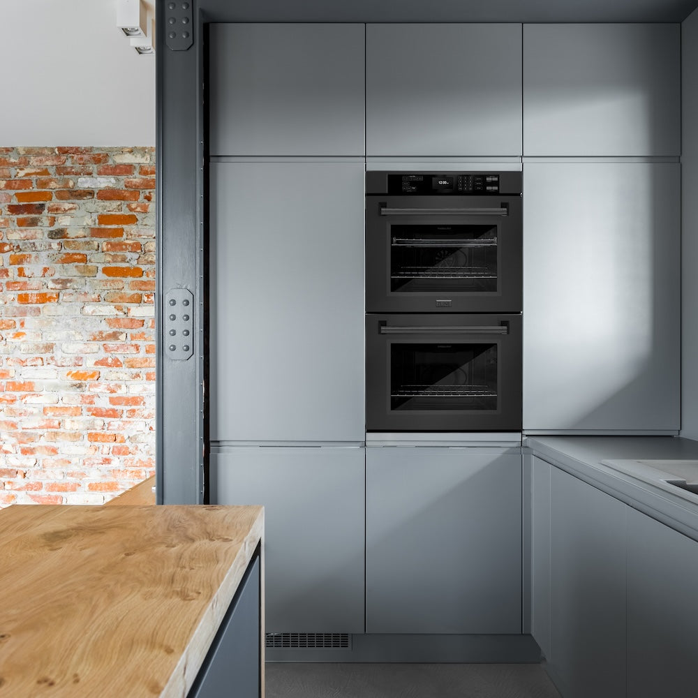 ZLINE 30 in. Professional True Convection Double Wall Oven with Air Fry and Self Clean in Black Stainless Steel (WADB-30) in a modern-style kitchen with blue walls.