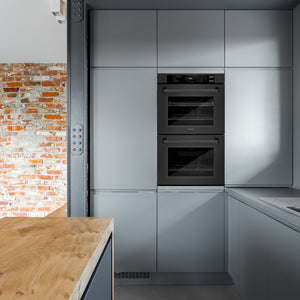 ZLINE 30 in. Professional True Convection Double Wall Oven with Air Fry and Self Clean in Black Stainless Steel (WADB-30) in a modern-style kitchen with blue walls.