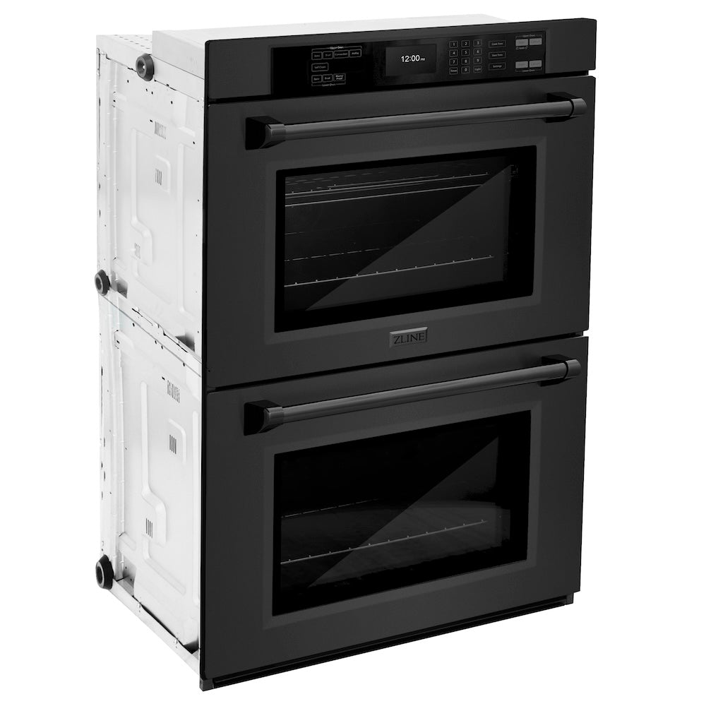 ZLINE 30 in. Professional True Convection Double Wall Oven with Air Fry and Self Clean in Black Stainless Steel (WADB-30) side, oven closed.