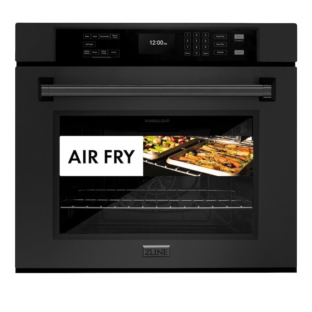 ZLINE 30 in. Professional True Convection Single Wall Oven with Air Fry and Self Clean in Black Stainless Steel (WASB-30) front, with air fry food.